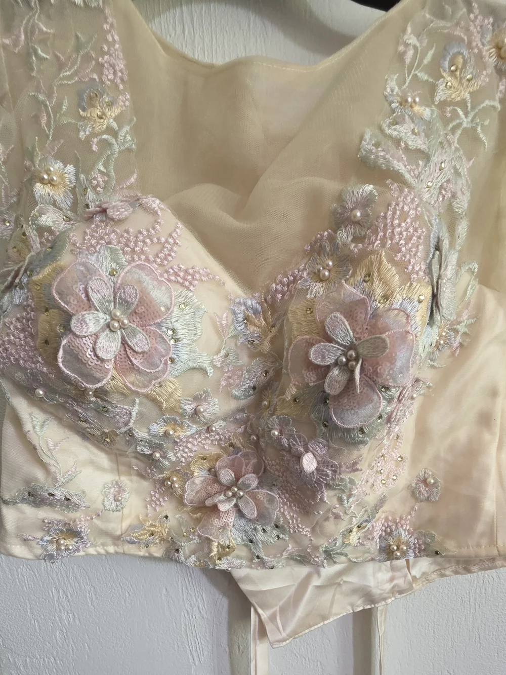 Fairycore 3D Flower Applique Top | Pastel Beaded Bridal Bustier Blouse | Sheer